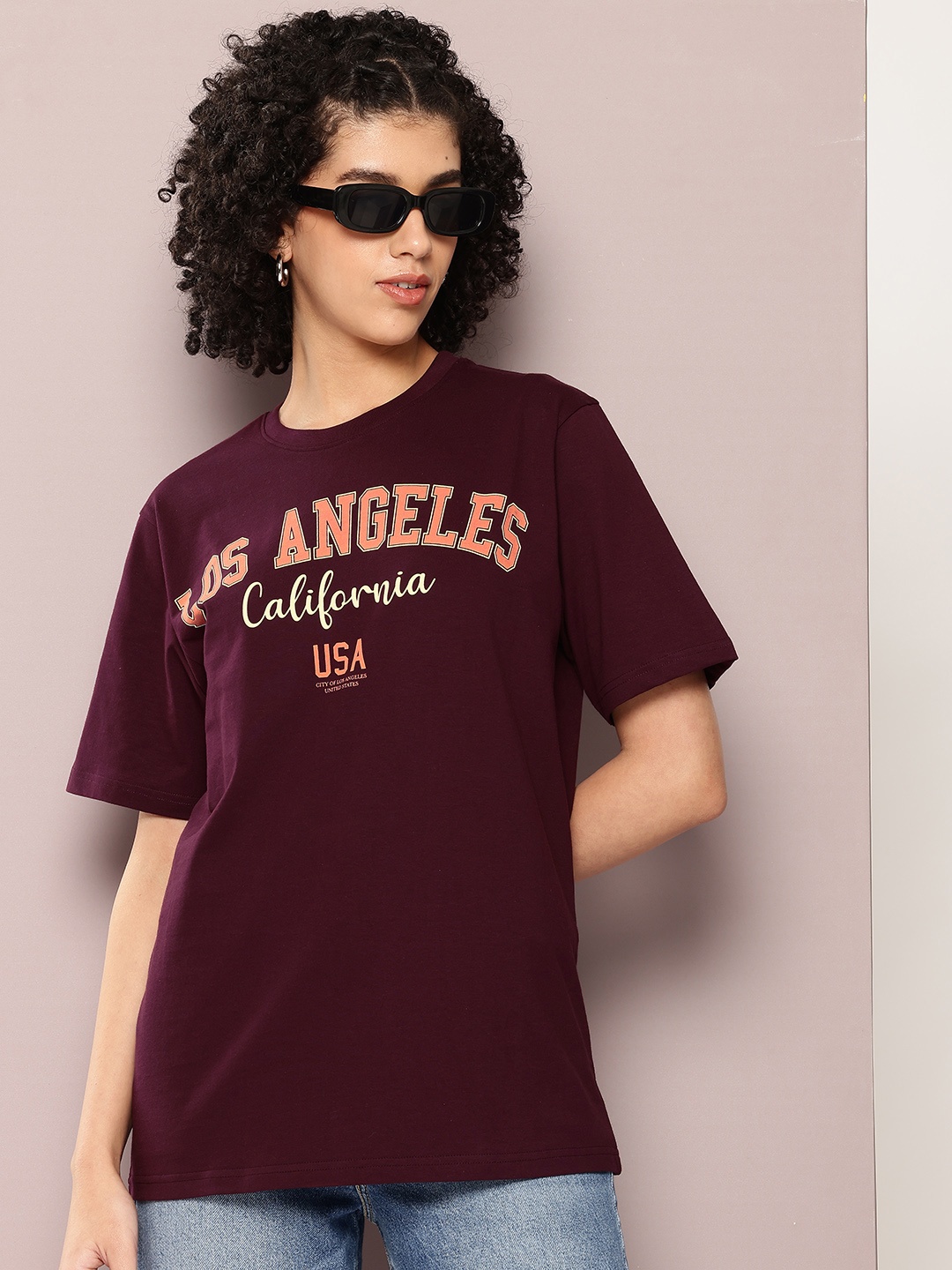 

DILLINGER Women Typography Printed Oversized T-shirt, Maroon