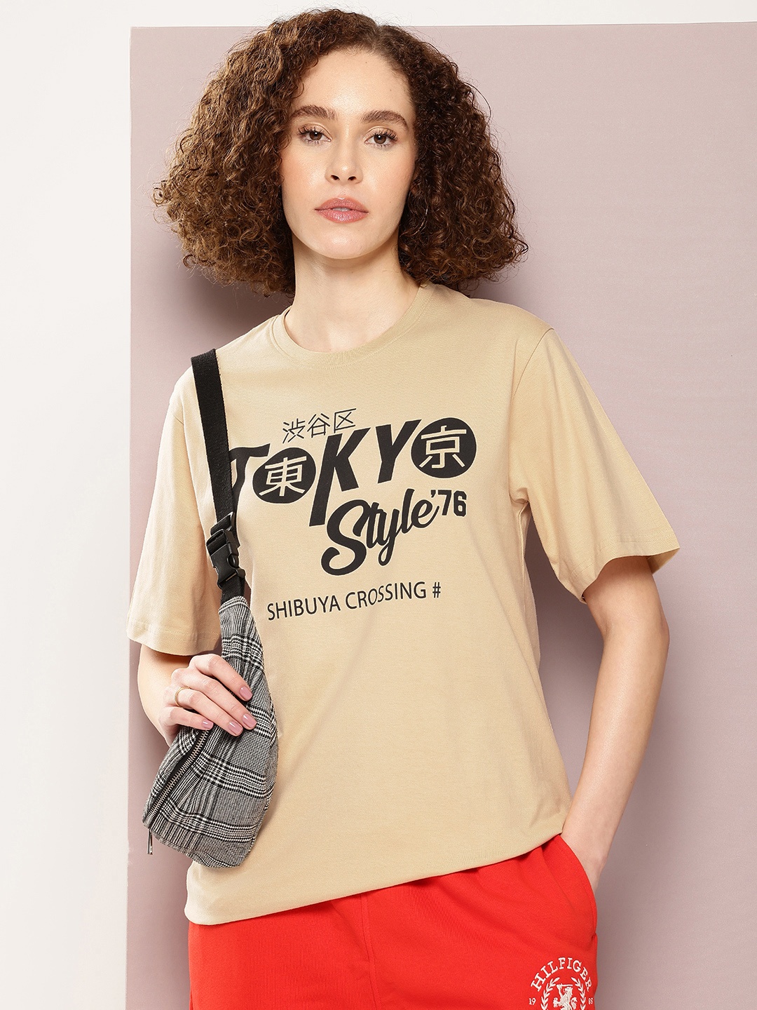 

DILLINGER Women Typography Printed Pure Cotton Oversized T-shirt, Beige