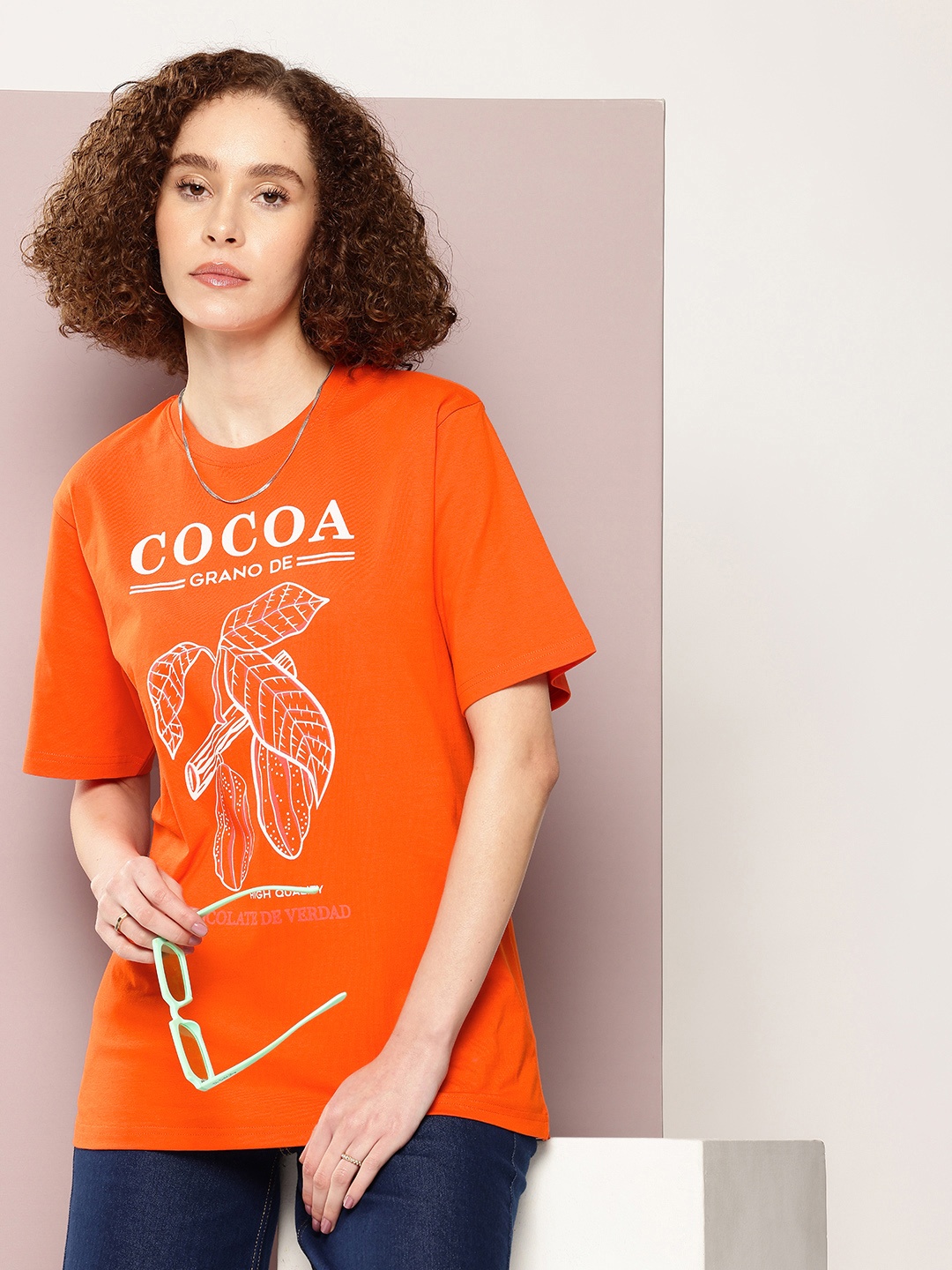 

DILLINGER Women Printed Pure Cotton Oversized T-shirt, Orange