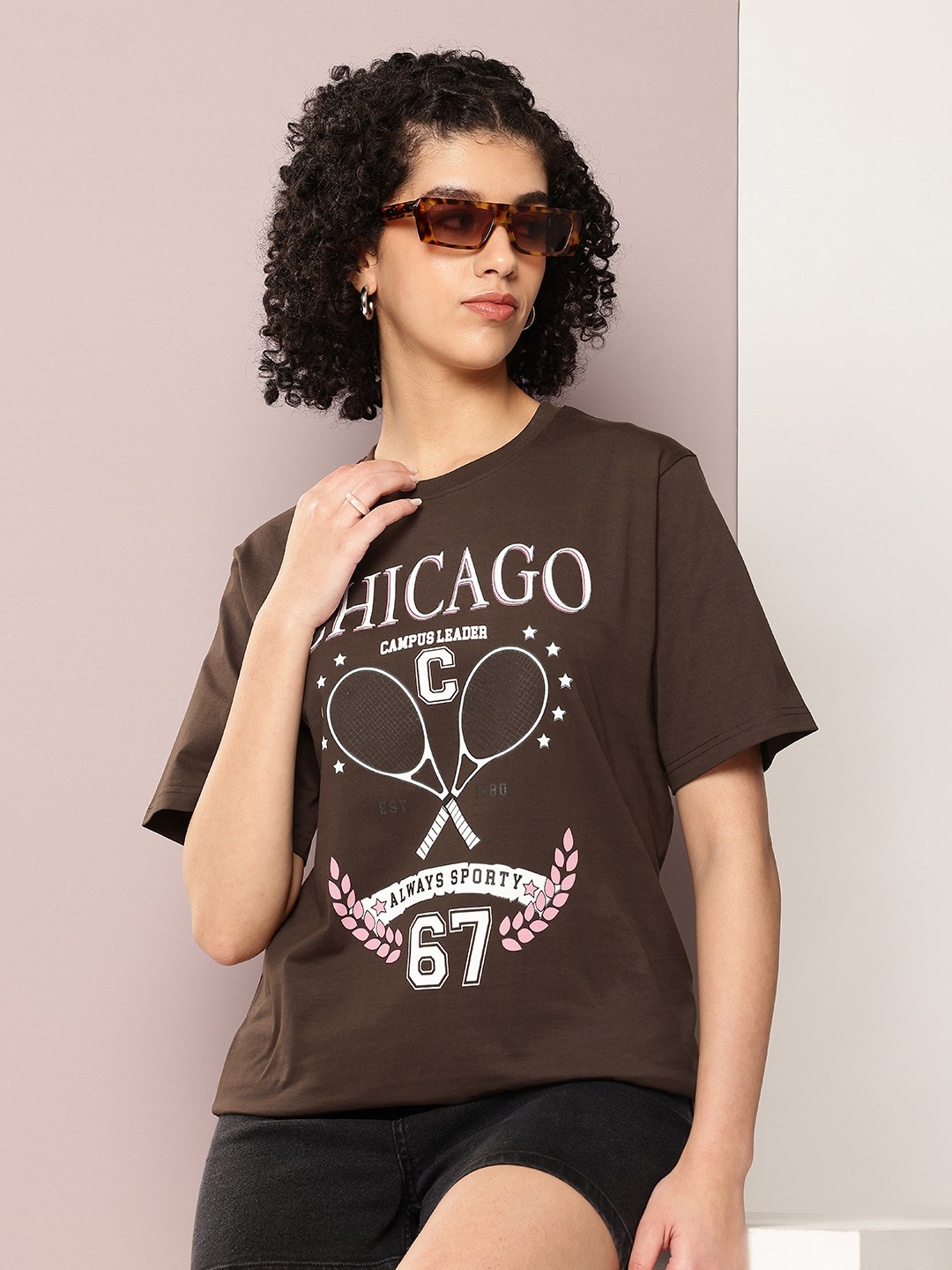 

DILLINGER Women Printed Pure Cotton Oversized T-shirt, Brown