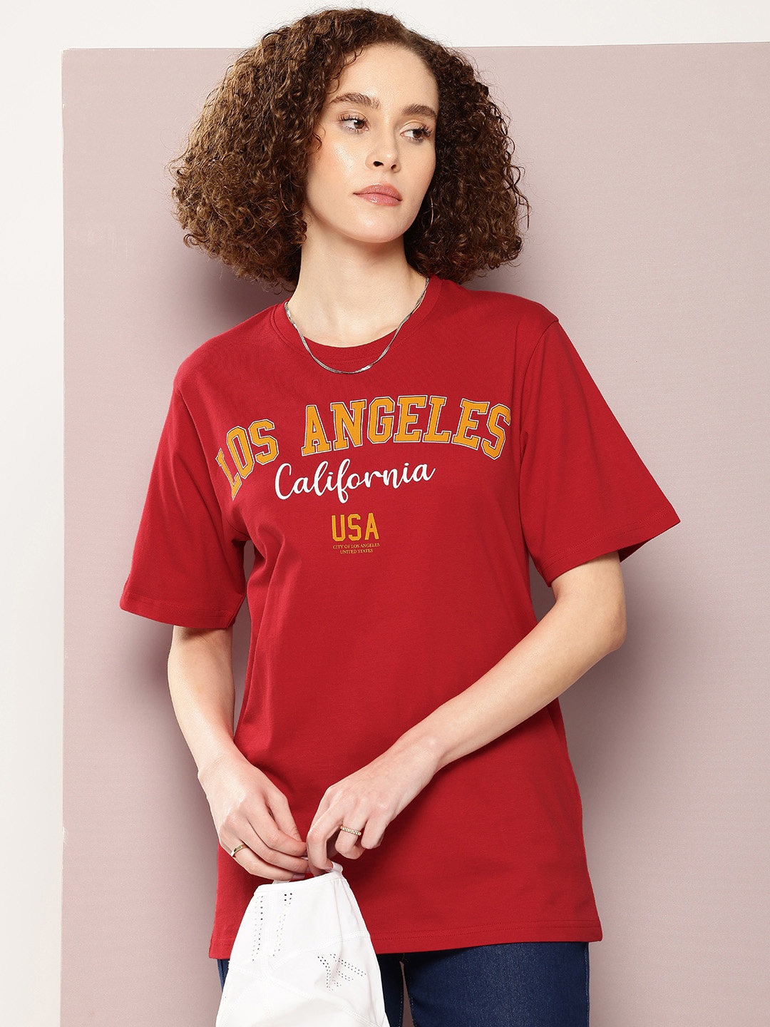 

DILLINGER Women Typography Printed Pure Cotton Oversized T-shirt, Red