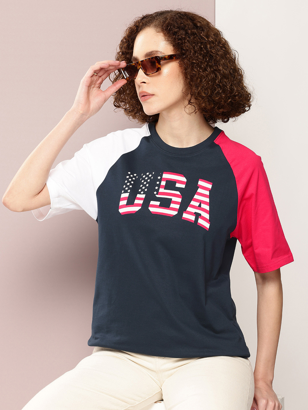 

DILLINGER Women Typography Colourblocked Pure Cotton Oversized T-shirt, Navy blue