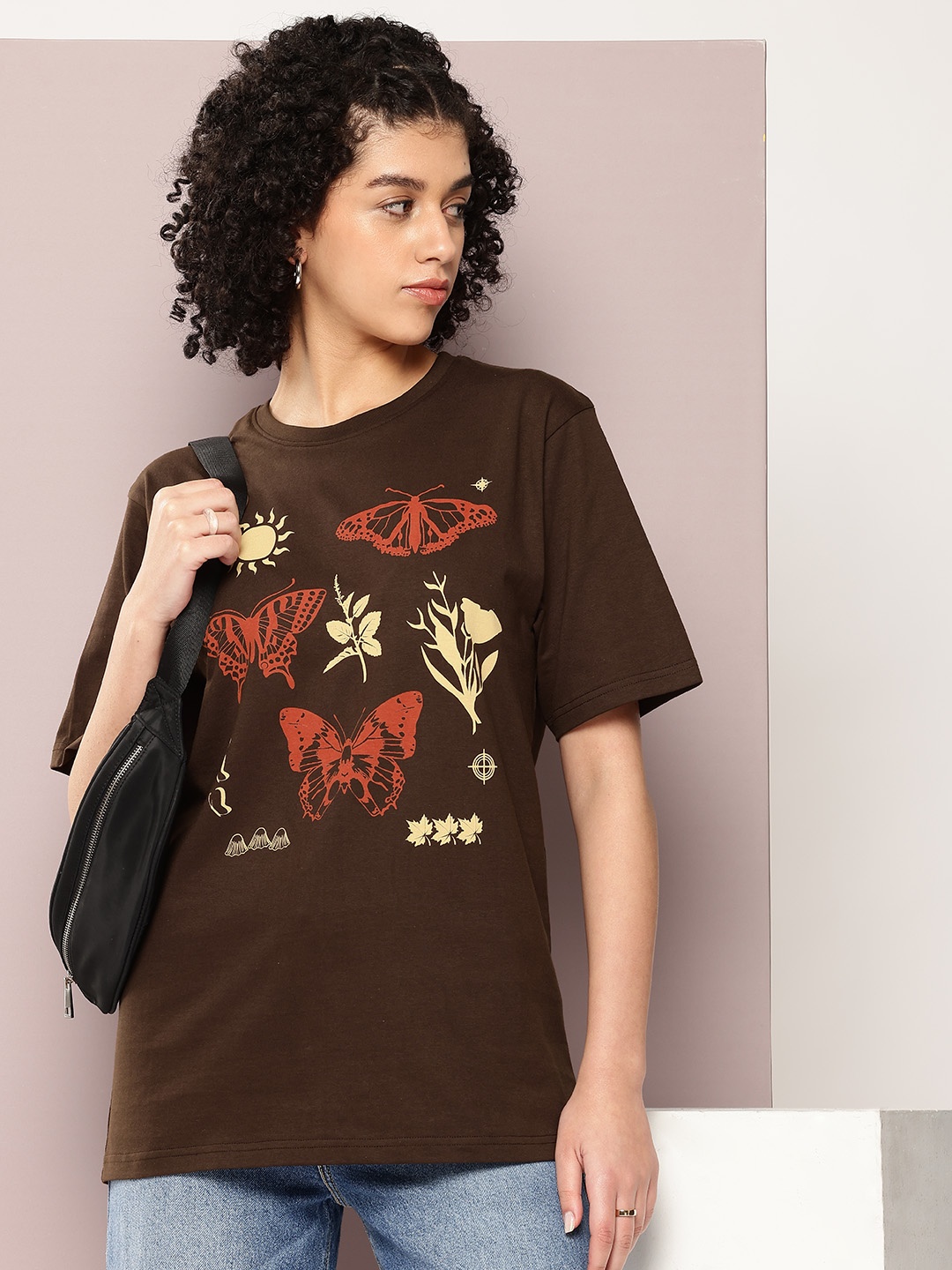 

DILLINGER Women Graphic Printed Oversized T-shirt, Brown