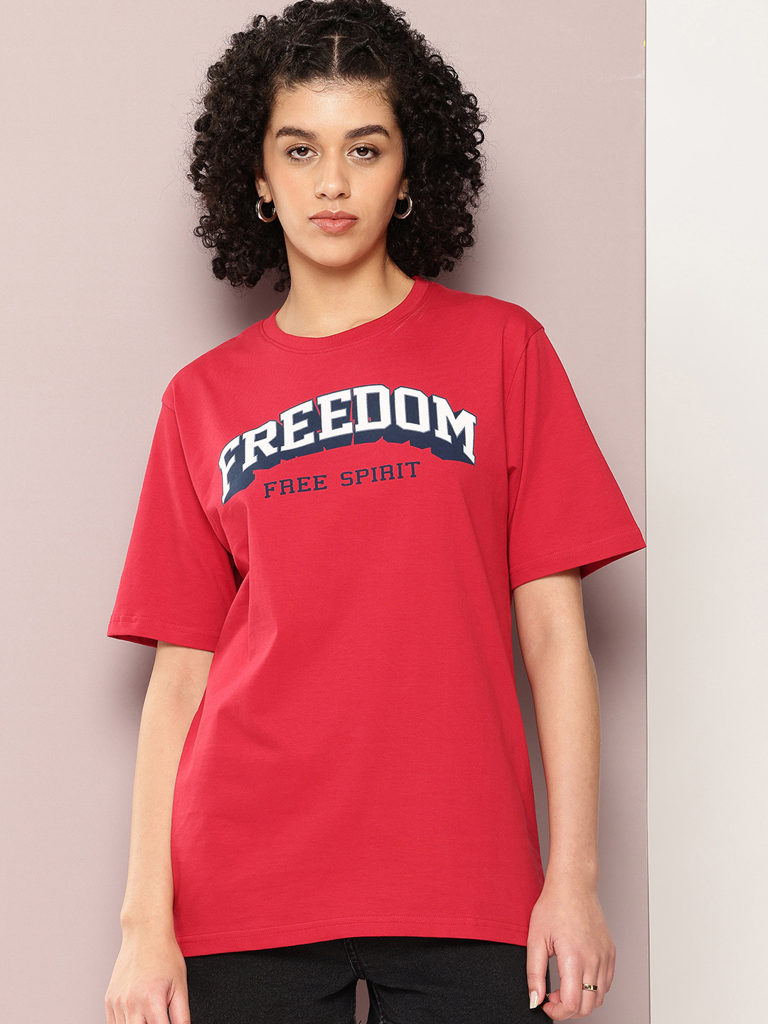 

DILLINGER Women Typography Printed Pure Cotton Oversized T-shirt, Red