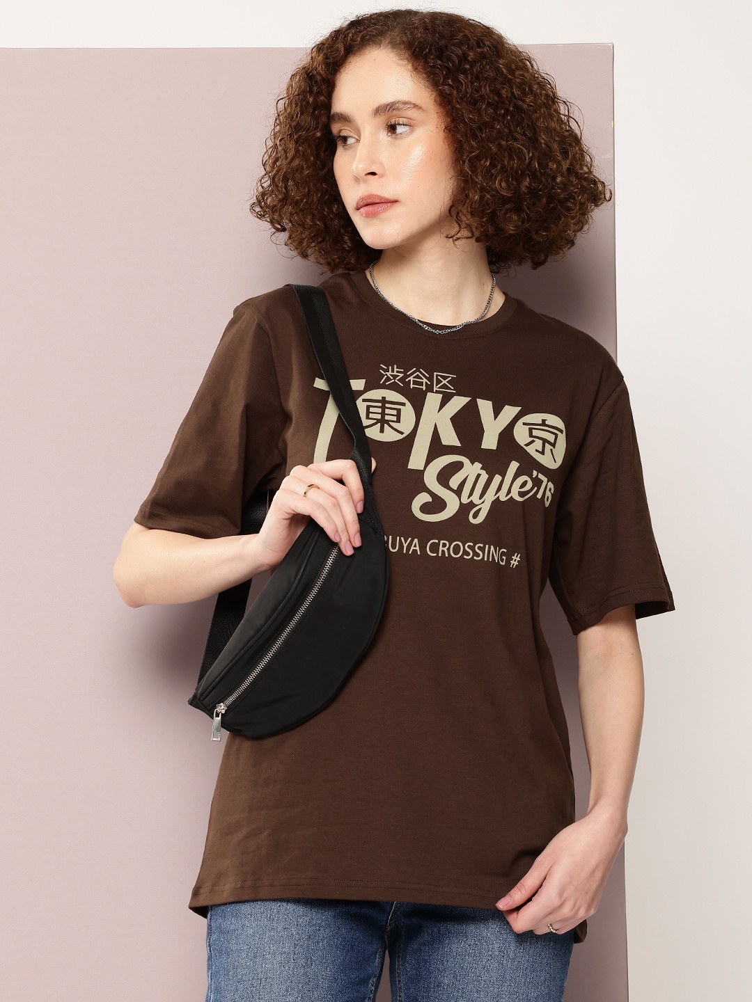 

DILLINGER Women Typography Printed Oversized T-shirt, Brown