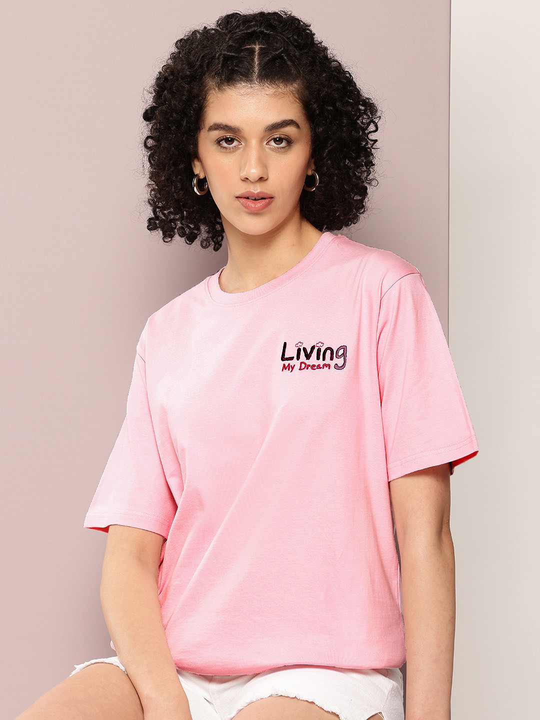 

DILLINGER Women Typography Printed Pure Cotton Oversized T-shirt, Pink