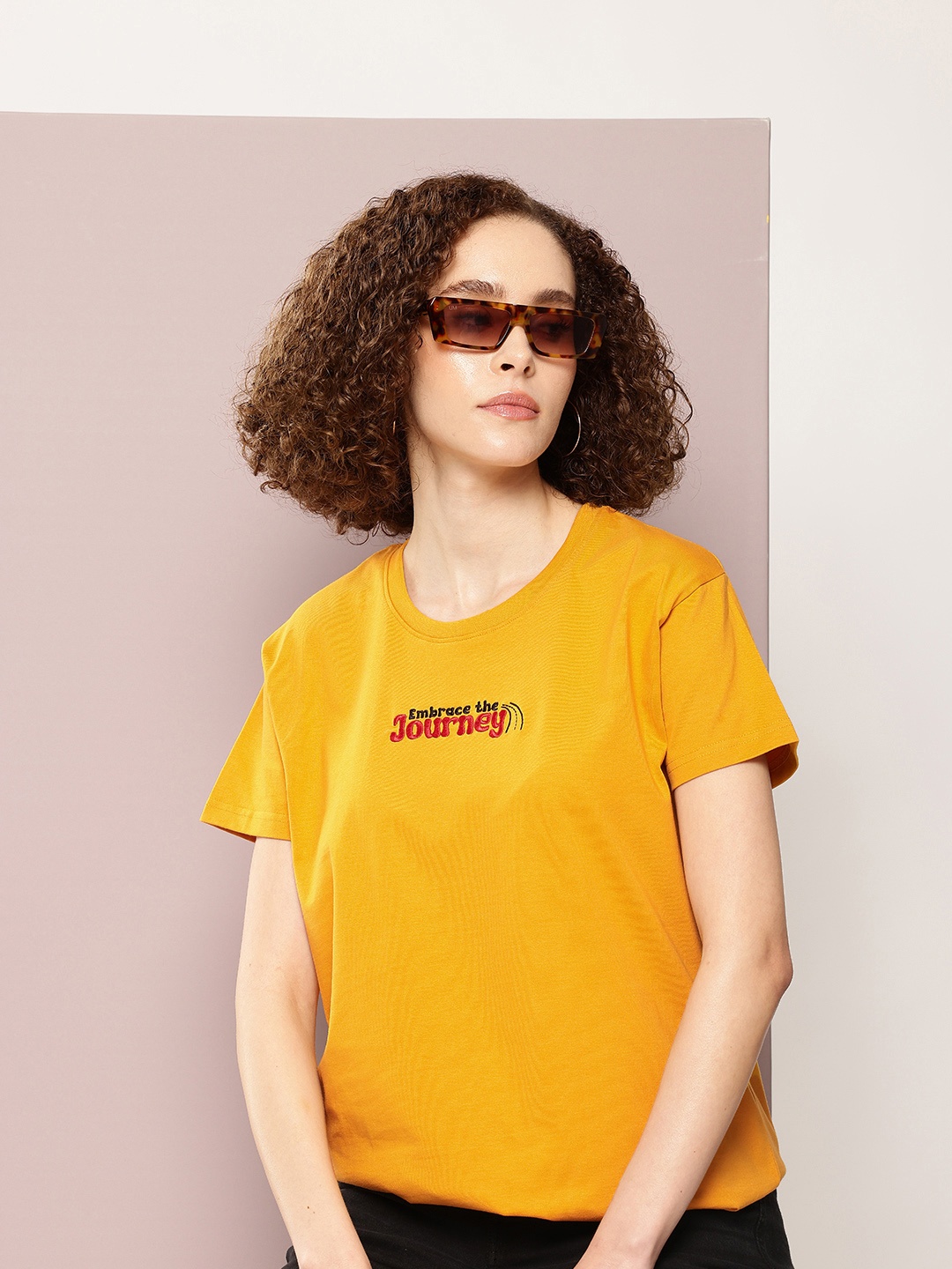 

DILLINGER Women Typography Printed Boxy T-shirt, Mustard