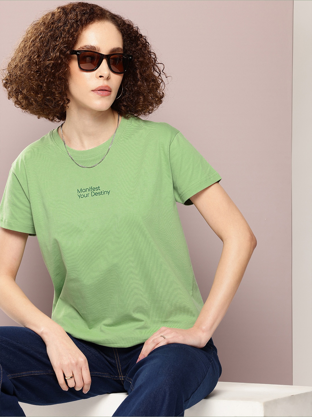 

DILLINGER Women Typography Printed Embossed Oversized T-shirt, Green