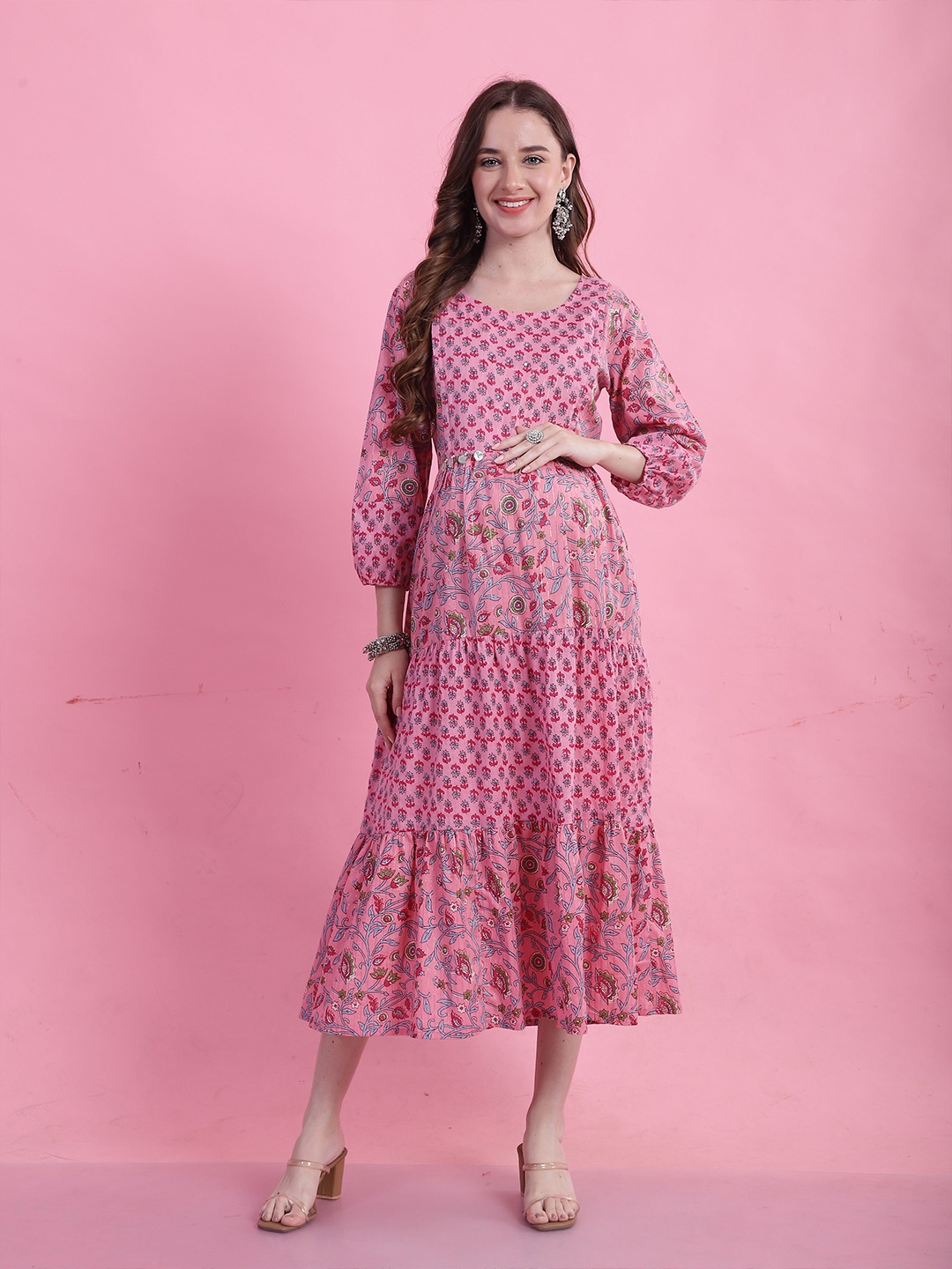 

Roly Poly Ethnic Motifs Printed Cotton Maternity Fit & Flare Midi Dress, Pink