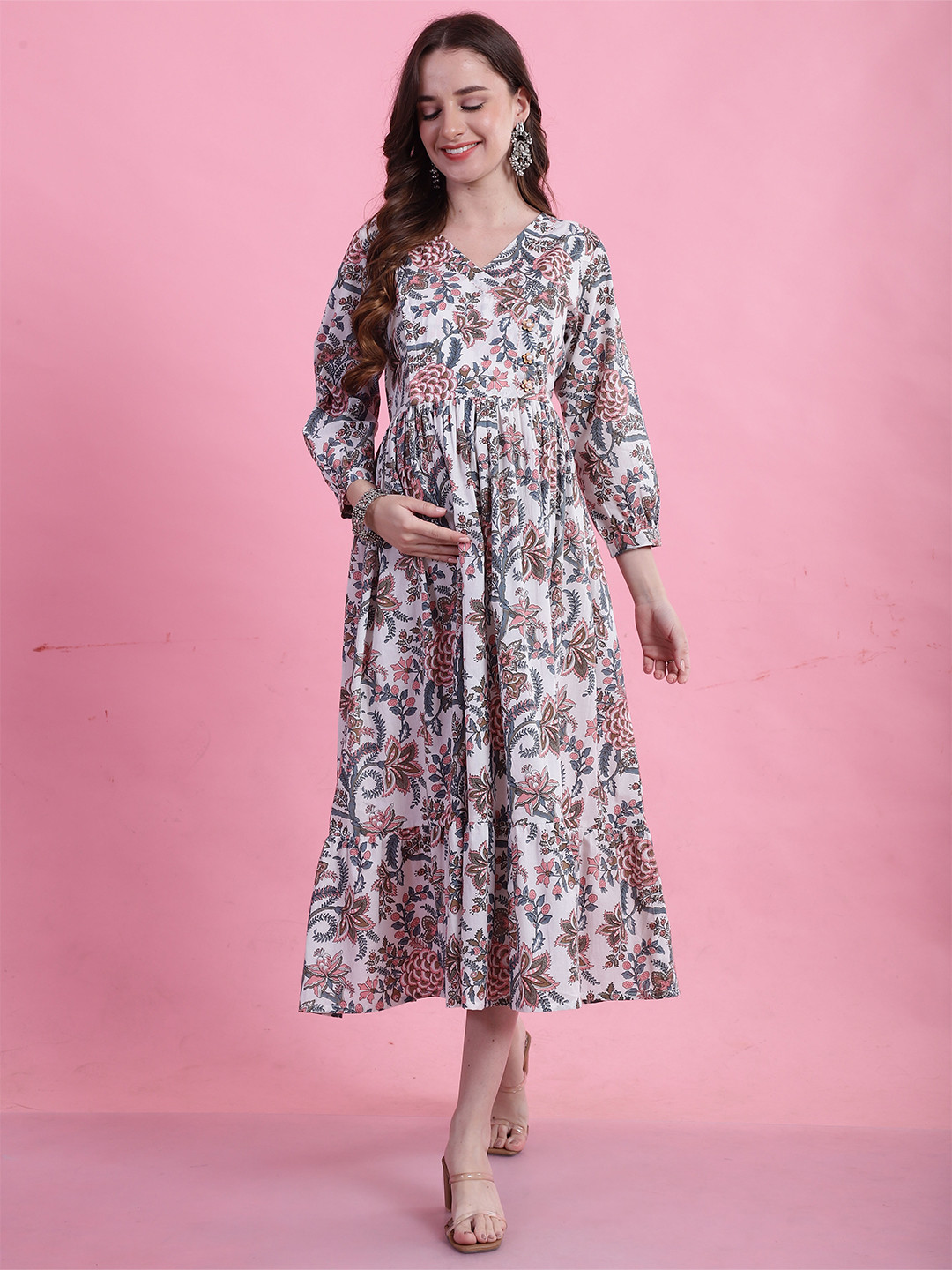 

Roly Poly Floral Printed Maternity Fit & Flare Midi Dress, White