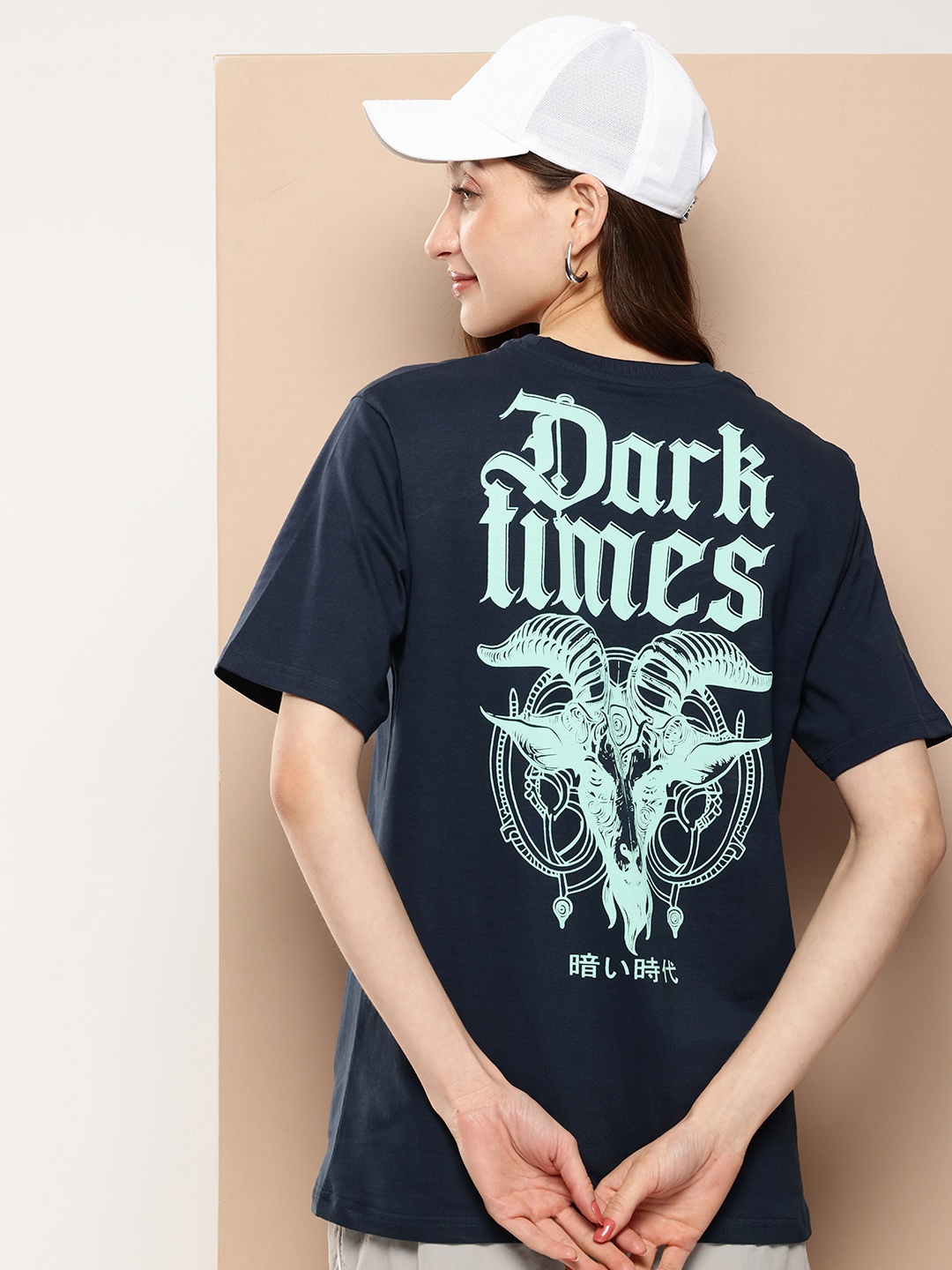 

Difference of Opinion Printed Oversized Pure Cotton T-shirt, Navy blue