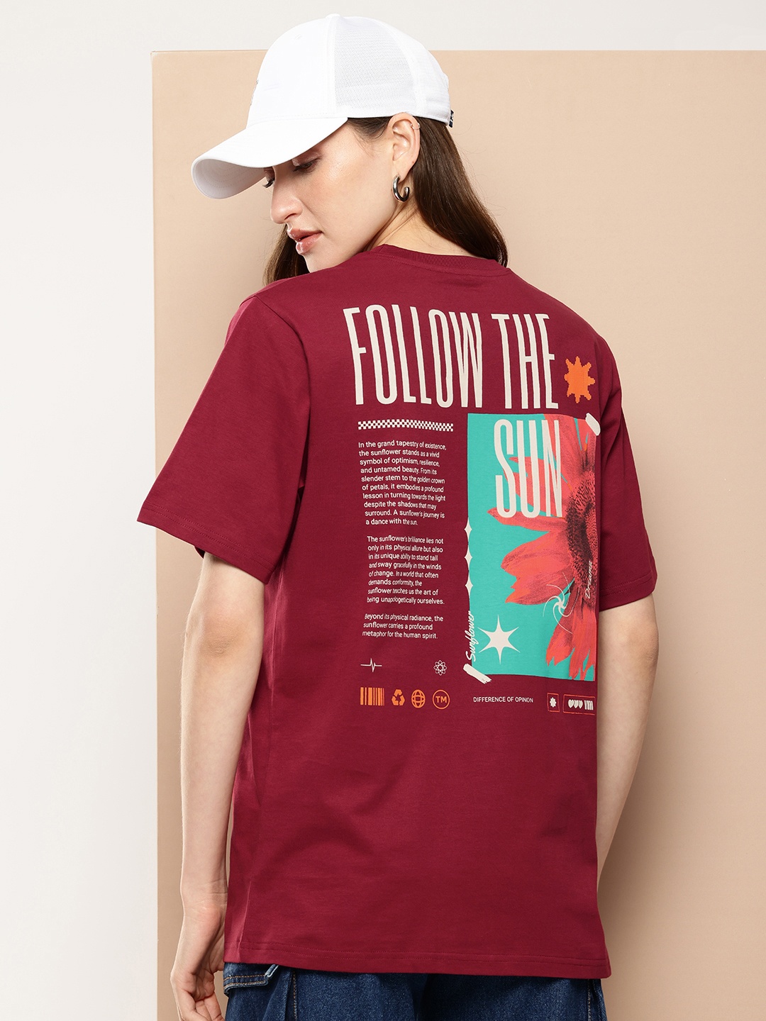 

Difference of Opinion Printed Oversized Pure Cotton T-shirt, Maroon
