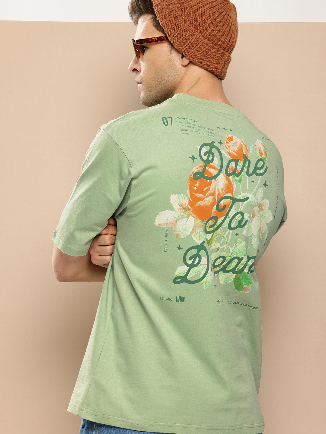 

Difference of Opinion Men Printed Pure Cotton Oversized T-shirt, Green