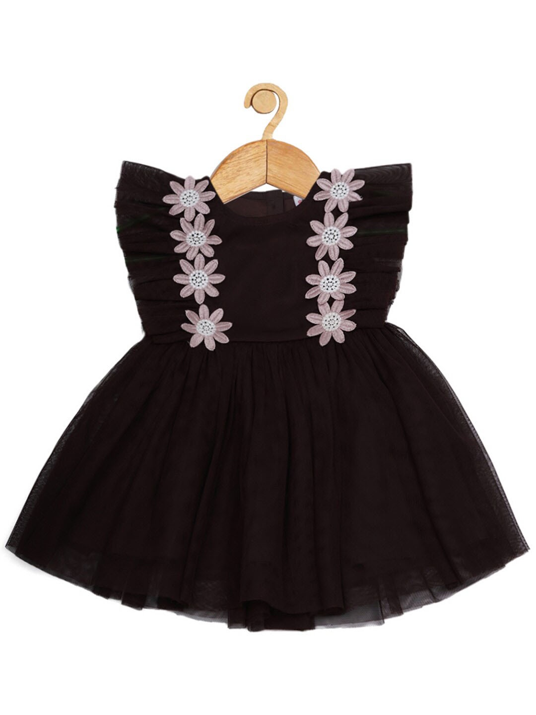 

Creative Kids Girls Floral Embellished Lace Round Neck Sleeveless Net Fit & Flare Dress, Brown