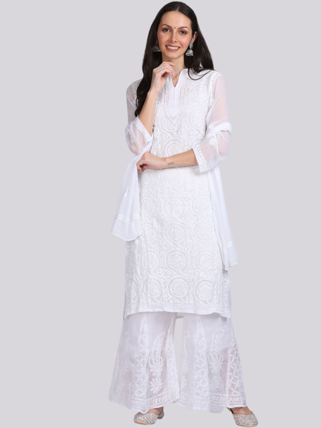 

KHAKA Floral Embroidered Regular Chikankari Kurti with Sharara & With Dupatta, White