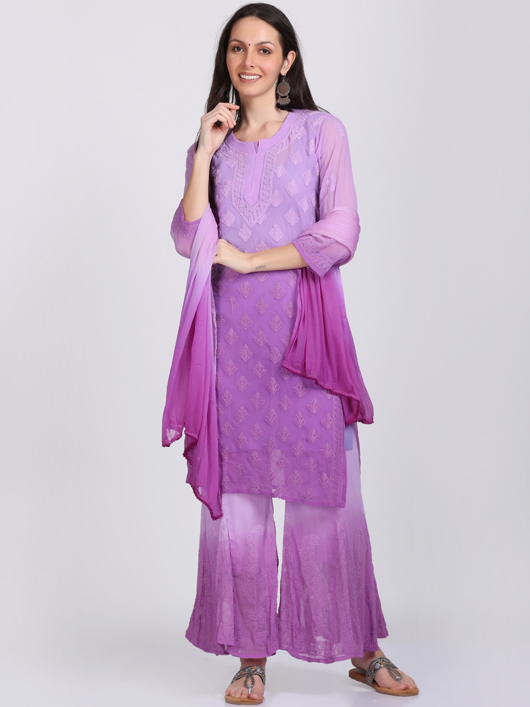 

KHAKA Floral Embroidered Georgette Thread Work Straight Kurta With Sharara & Dupatta, Purple