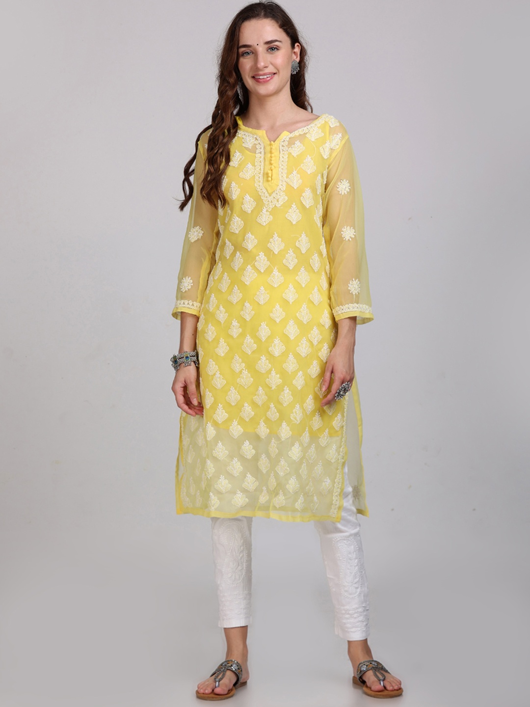 

KHAKA Ethnic Motifs Embroidered Regular Chikankari Kurta & Trousers, Yellow