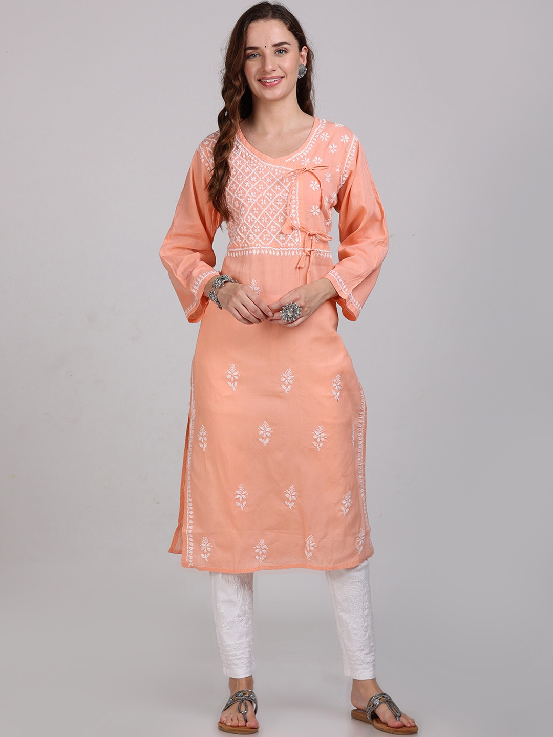 

KHAKA Ethnic Motifs Embroidered Angrakha Chikankari Pure Cotton Straight Kurta Set, Orange