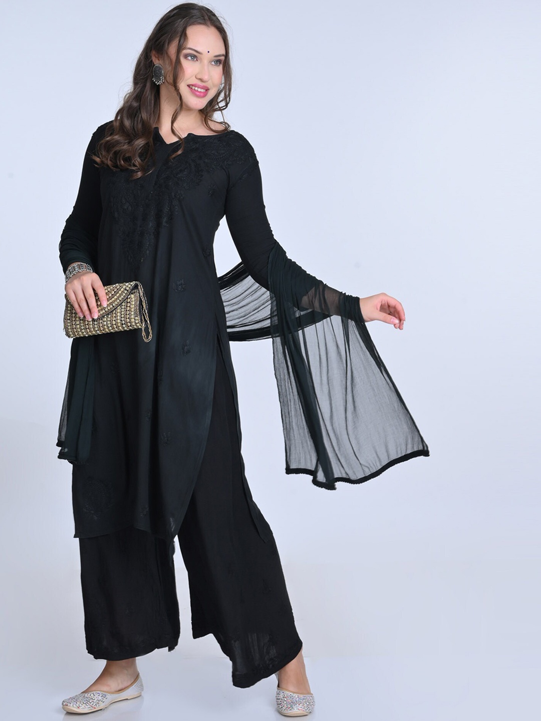 

KHAKA Floral Embroidered Regular Chikankari Straight Kurta with Palazzos & Dupatta, Black