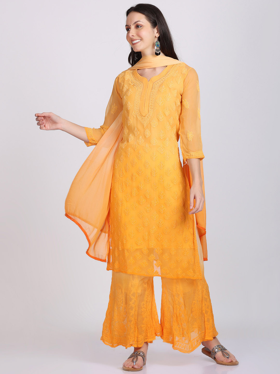 

KHAKA Ethnic Motifs Embroidered Regular Chikankari Straight Kurta with Sharara & Dupatta, Orange