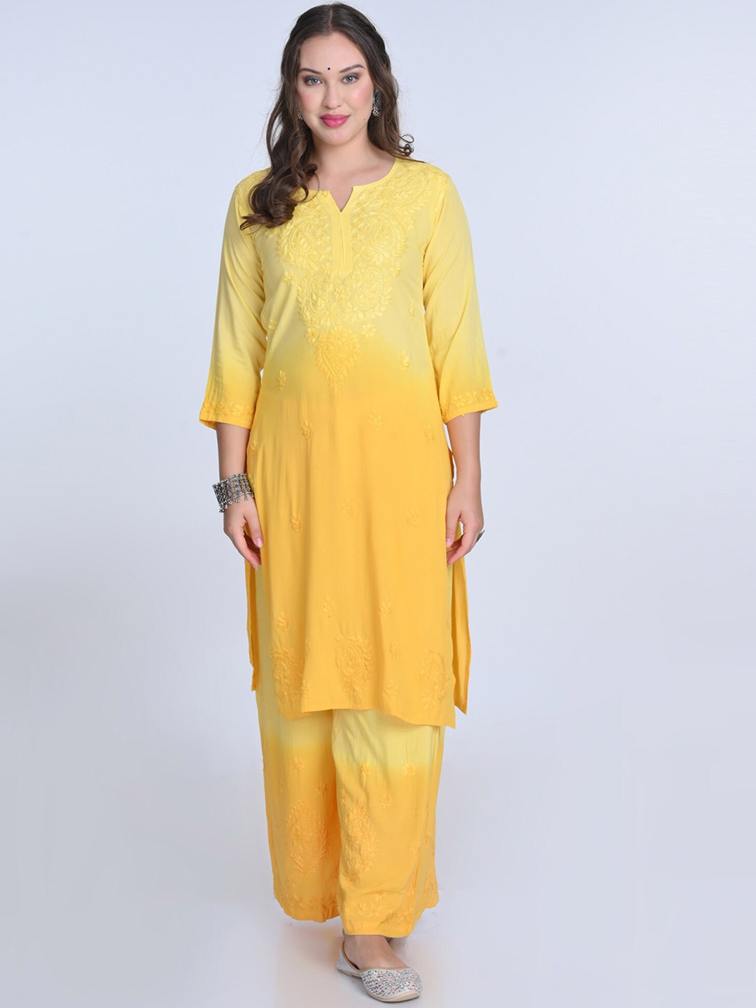 

KHAKA Floral Embroidered Regular Chikankari Straight Kurta with Palazzos & Dupatta, Yellow