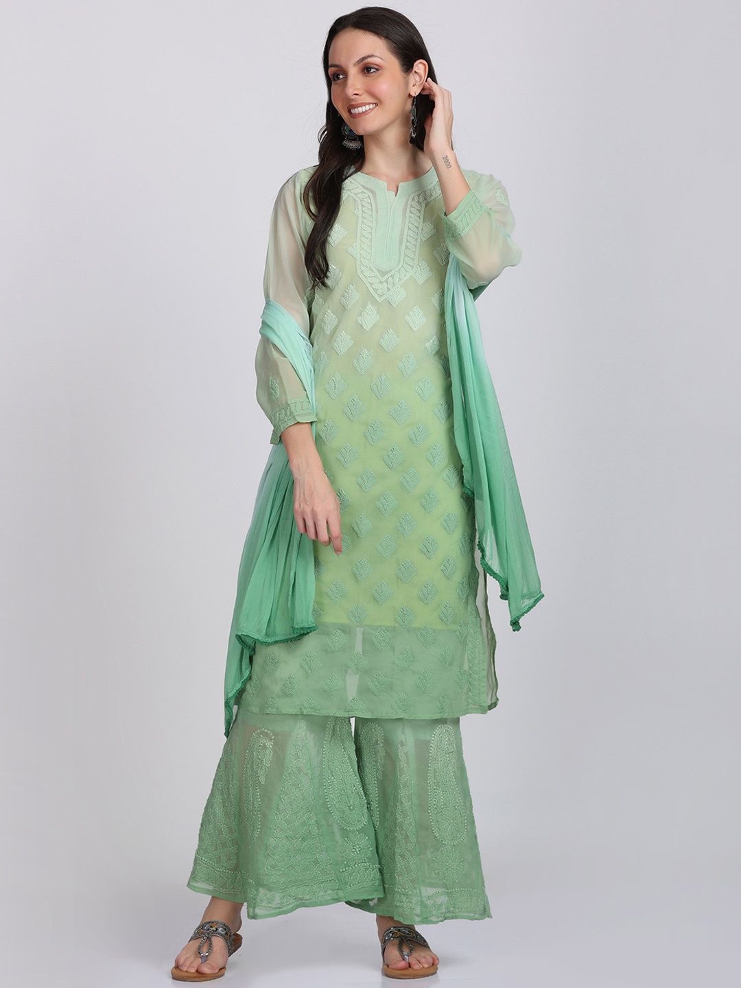 

KHAKA Floral Embroidered Regular Kurta with Sharara & Dupatta, Green