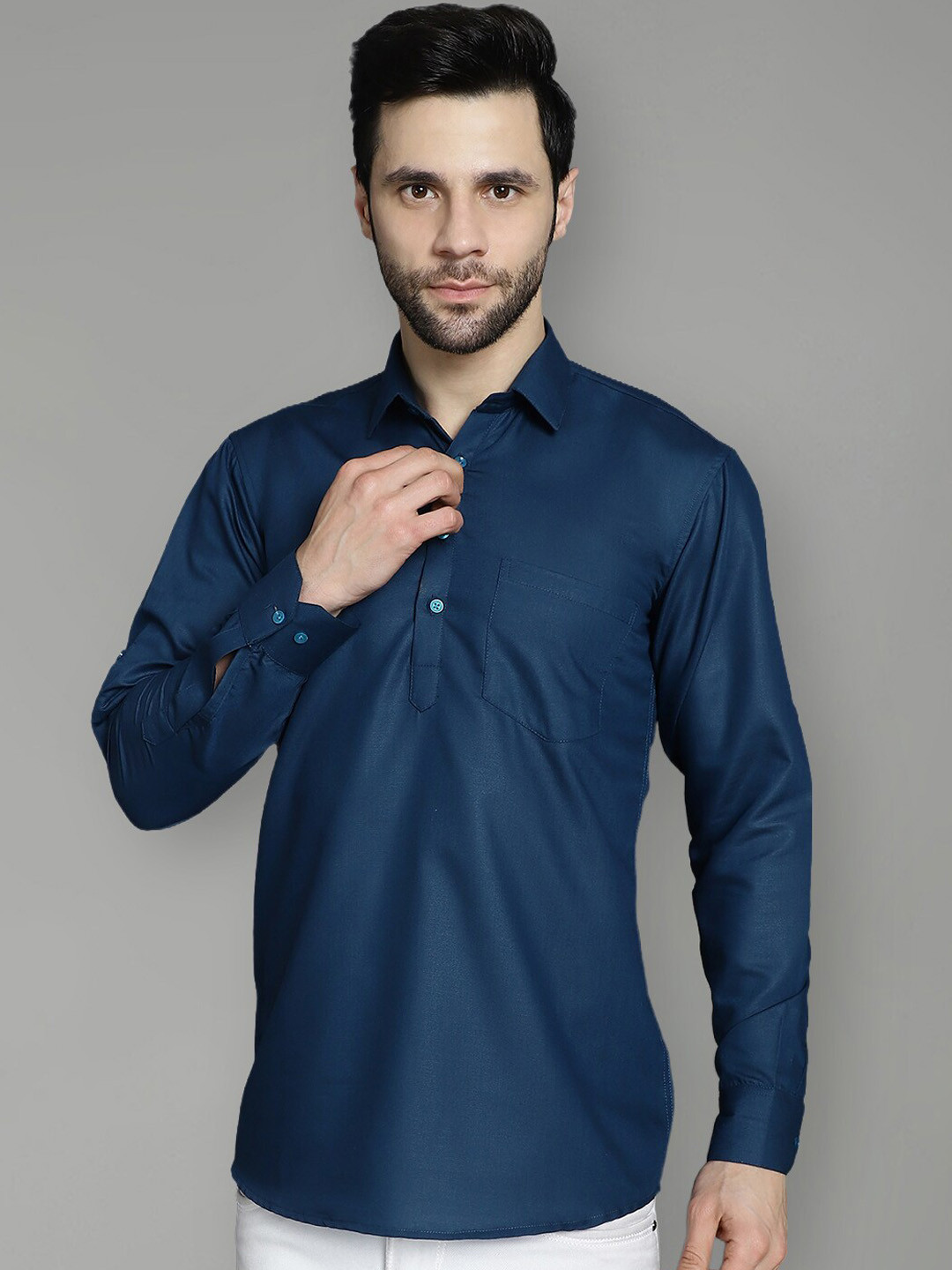 

Jompers Shirt Collar Long Sleeves Regular Straight Short Kurta, Teal