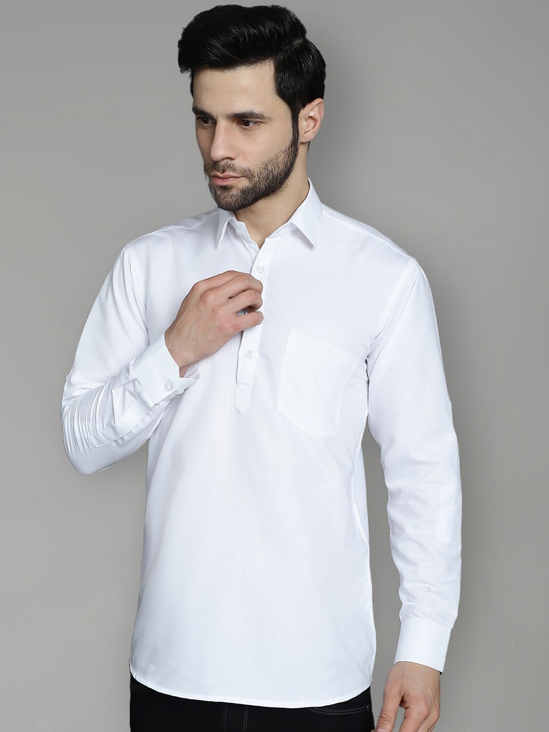 

Jompers Shirt Collar Long Sleeves Cotton Silk Short Kurta, White