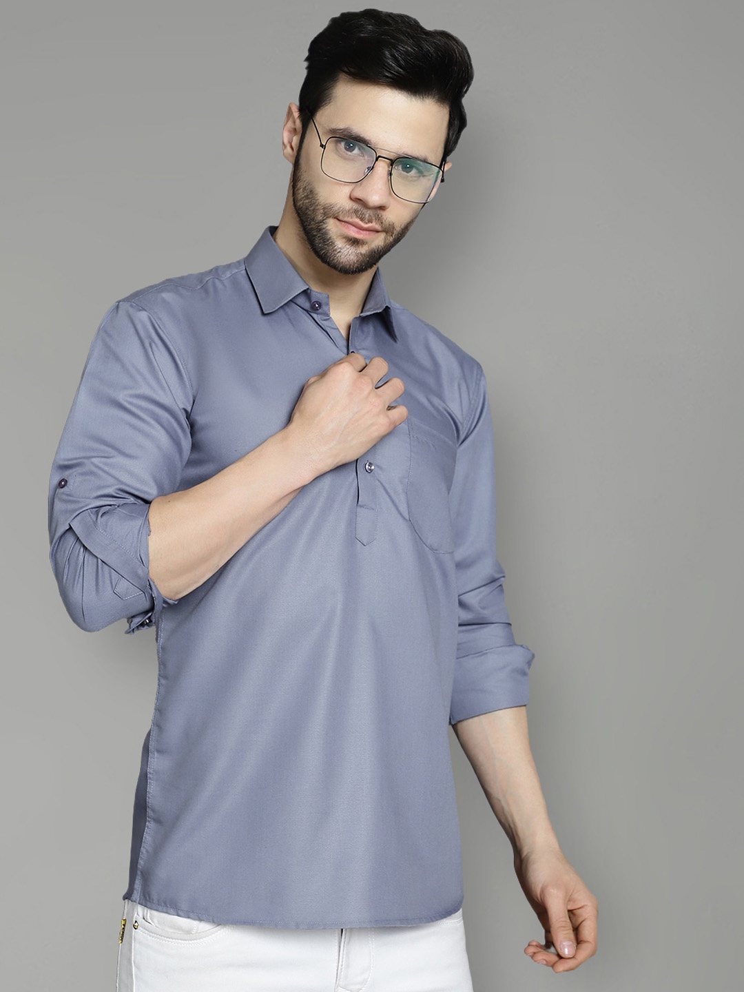 

Jompers Shirt Collar Long Sleeves Cotton Silk Short Kurta, Grey