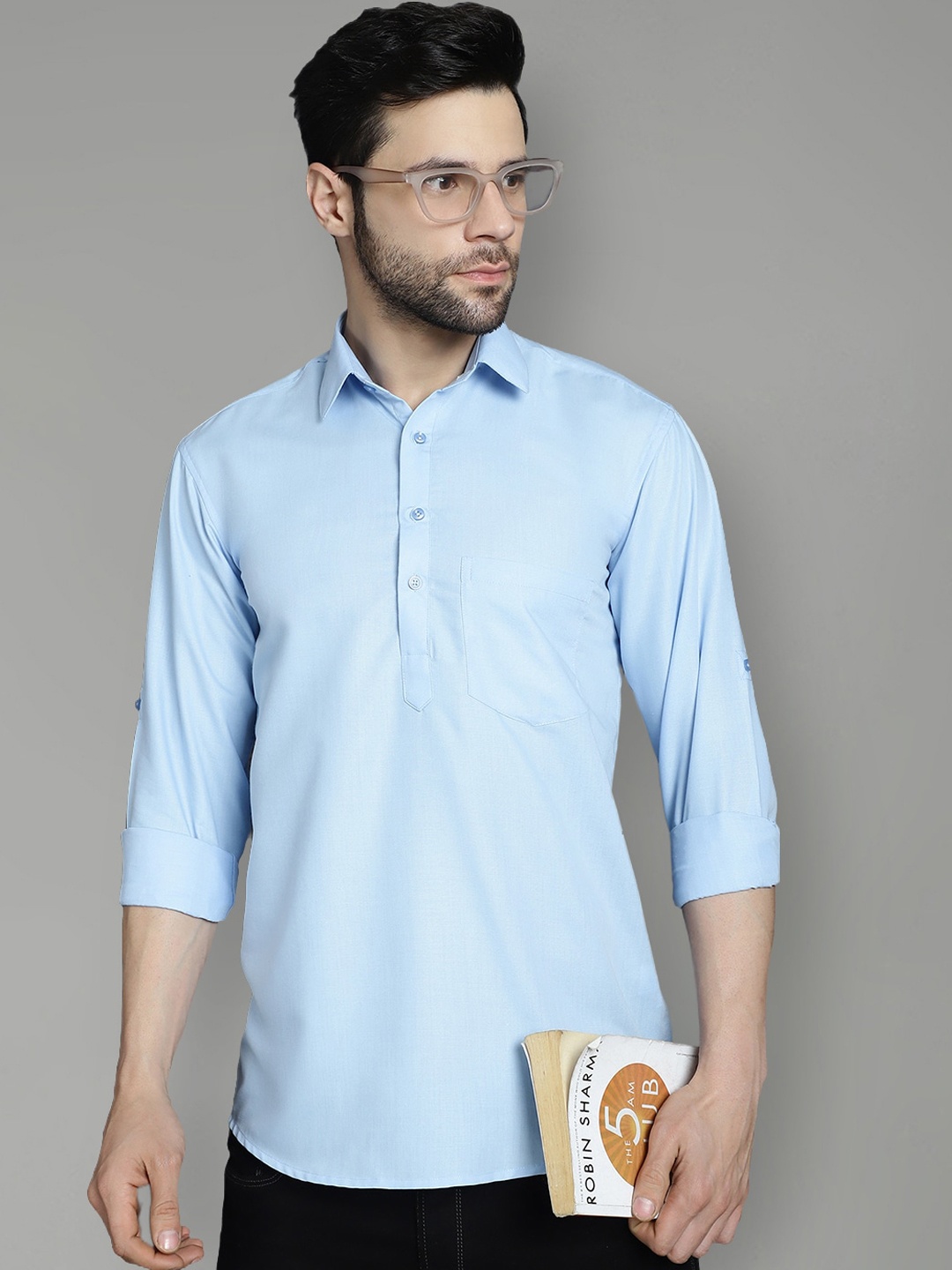 

Jompers Shirt Collar Long Sleeves Cotton Silk Short Kurta, Blue