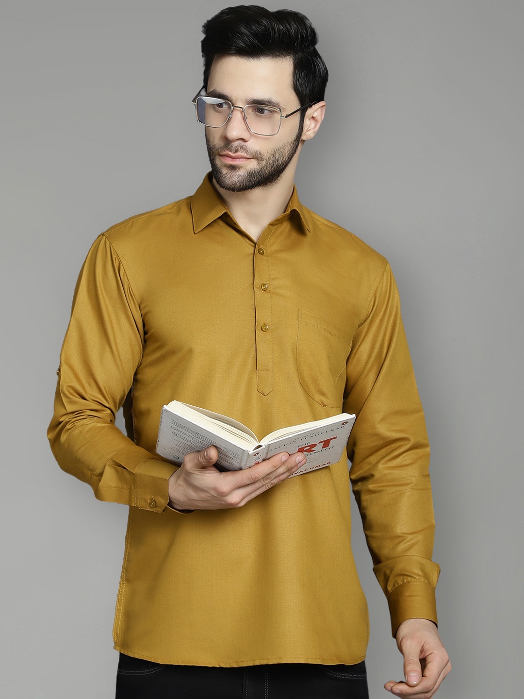 

Jompers Shirt Collar Long Sleeves Cotton Silk Short Kurta, Mustard