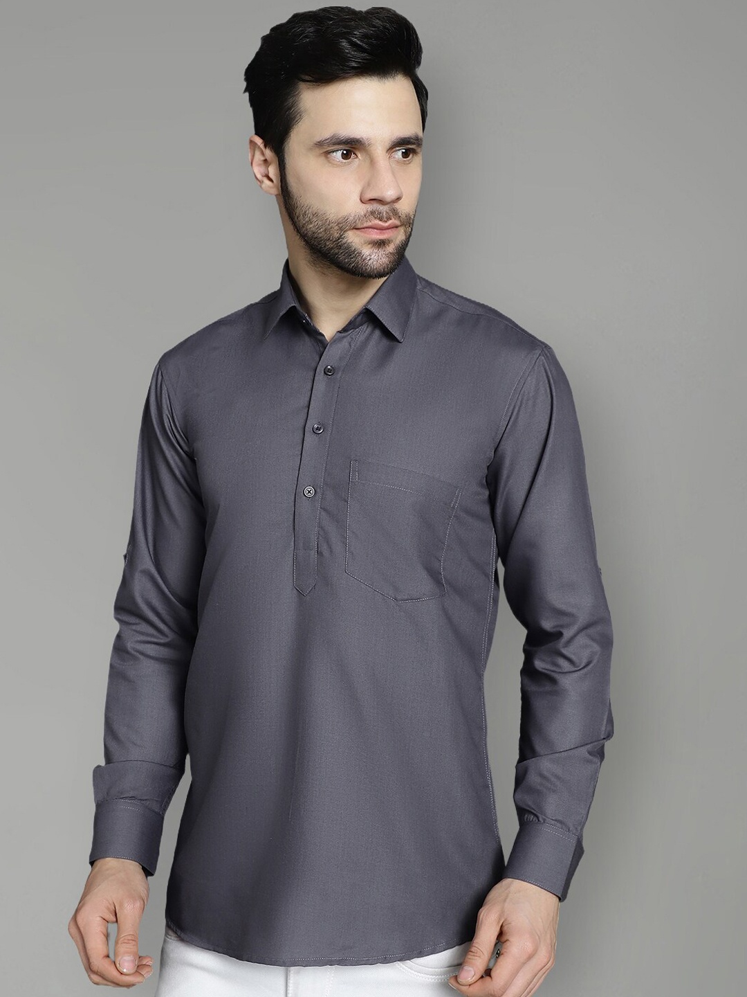 

Jompers Shirt Collar Long Sleeves Cotton Silk Short Kurta, Grey
