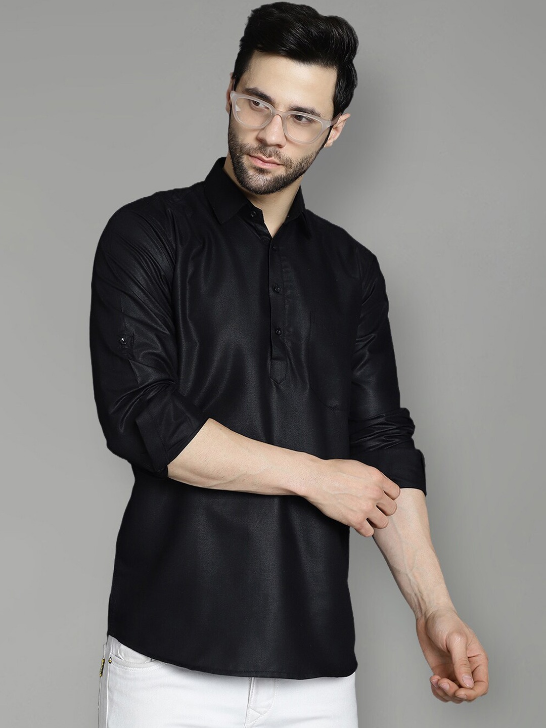 

Jompers Shirt Collar Long Sleeves Cotton Straight Kurta, Black