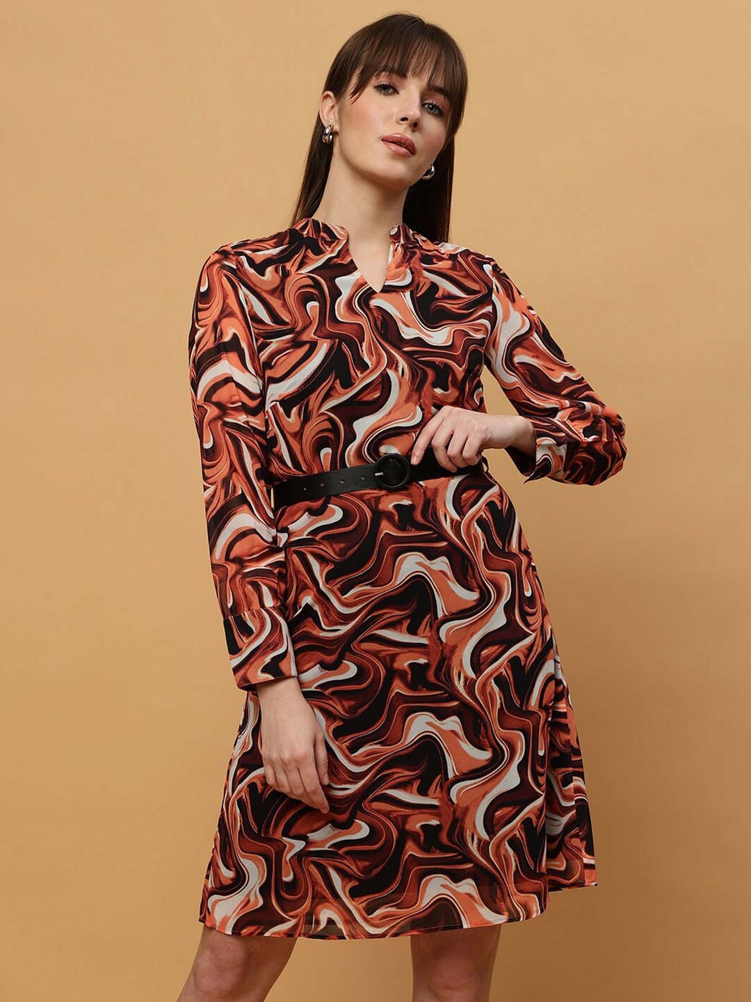 

Beatnik Animal Printed Mandarin Collar Full Sleeve Georgette A-Line Dress, Orange