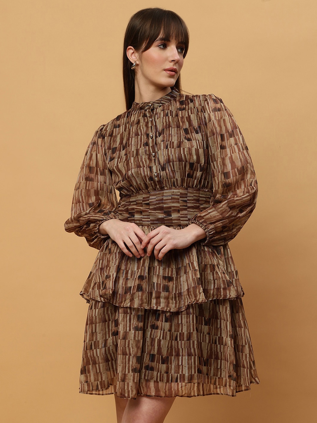 

Beatnik Abstract Printed Mandarin Collar Full Sleeve Georgette Fit & Flare Dress, Brown