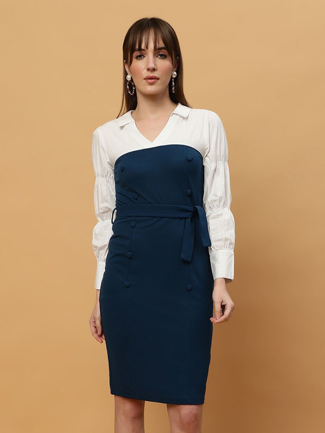 

Beatnik Colourblocked Crepe Sheath Dress, Blue