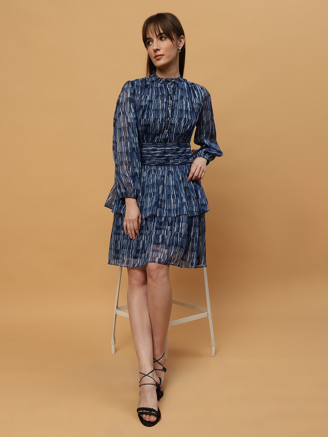 

Beatnik Abstract Print Bell Sleeve Georgette Fit & Flare Dress, Blue