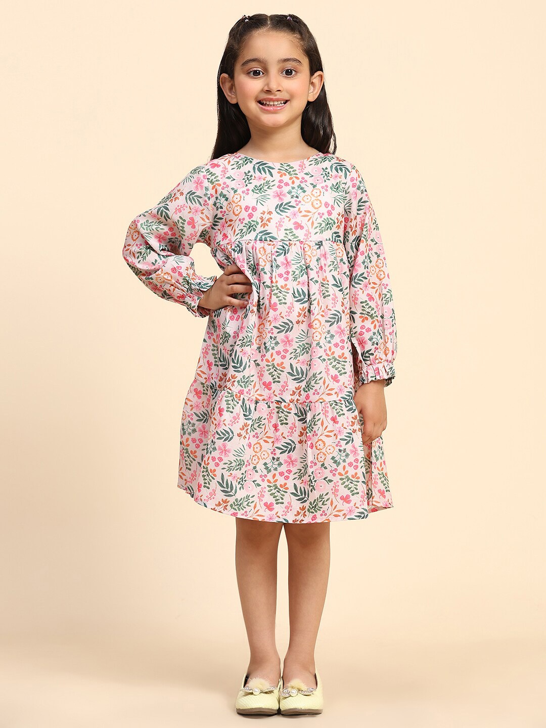 

Maaesa Girls Floral Print Puff Sleeve Cotton A-Line Dress, Pink