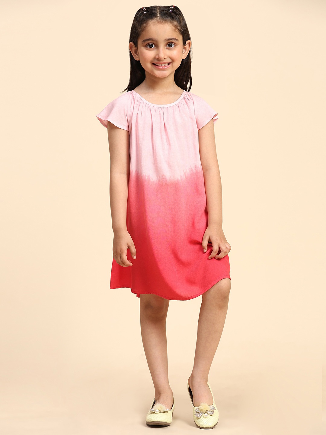 

Maaesa Girls Colourblocked Round Neck A-Line Dress, Pink