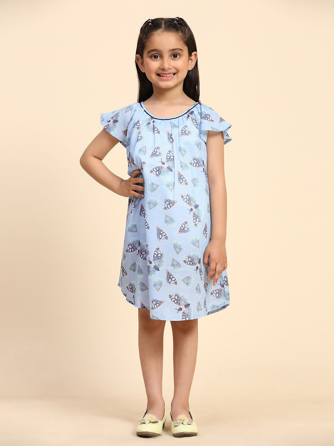 

Maaesa Girls Floral Print Flutter Sleeve Cotton A-Line Dress, Blue