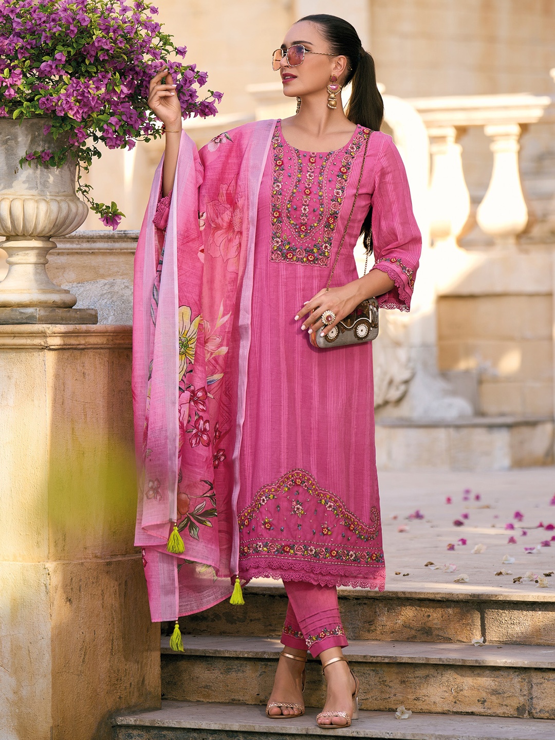 Indo Era Pink Floral Embroidered Thread Work Pure Cotton Kurta with Trousers & Dupatta