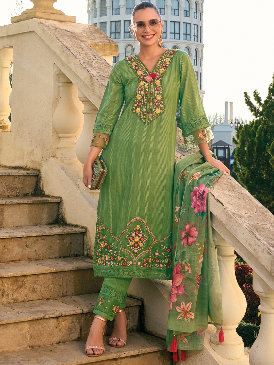 

Indo Era Floral Embroidered Thread Work Pure Cotton Kurta with Trousers & Dupatta, Green