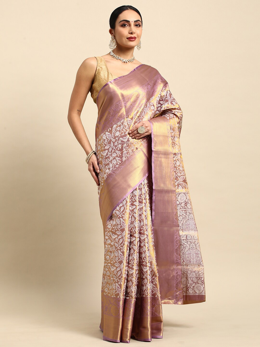 

DrapeMall Woven Design Zari Art Silk Kanjeevaram Saree, Lavender