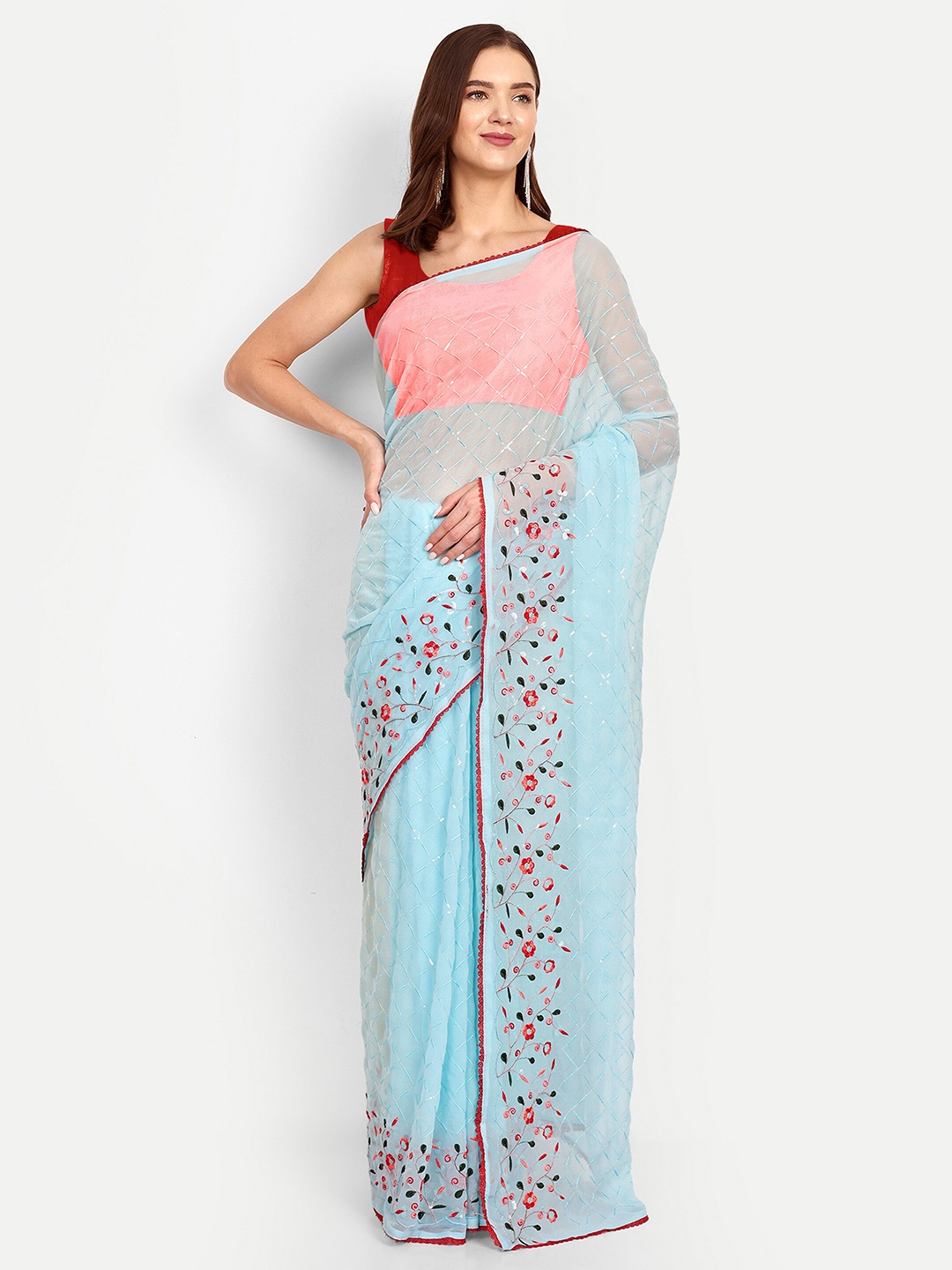 

DrapeMall Sequinned Poly Chiffon Saree, Blue