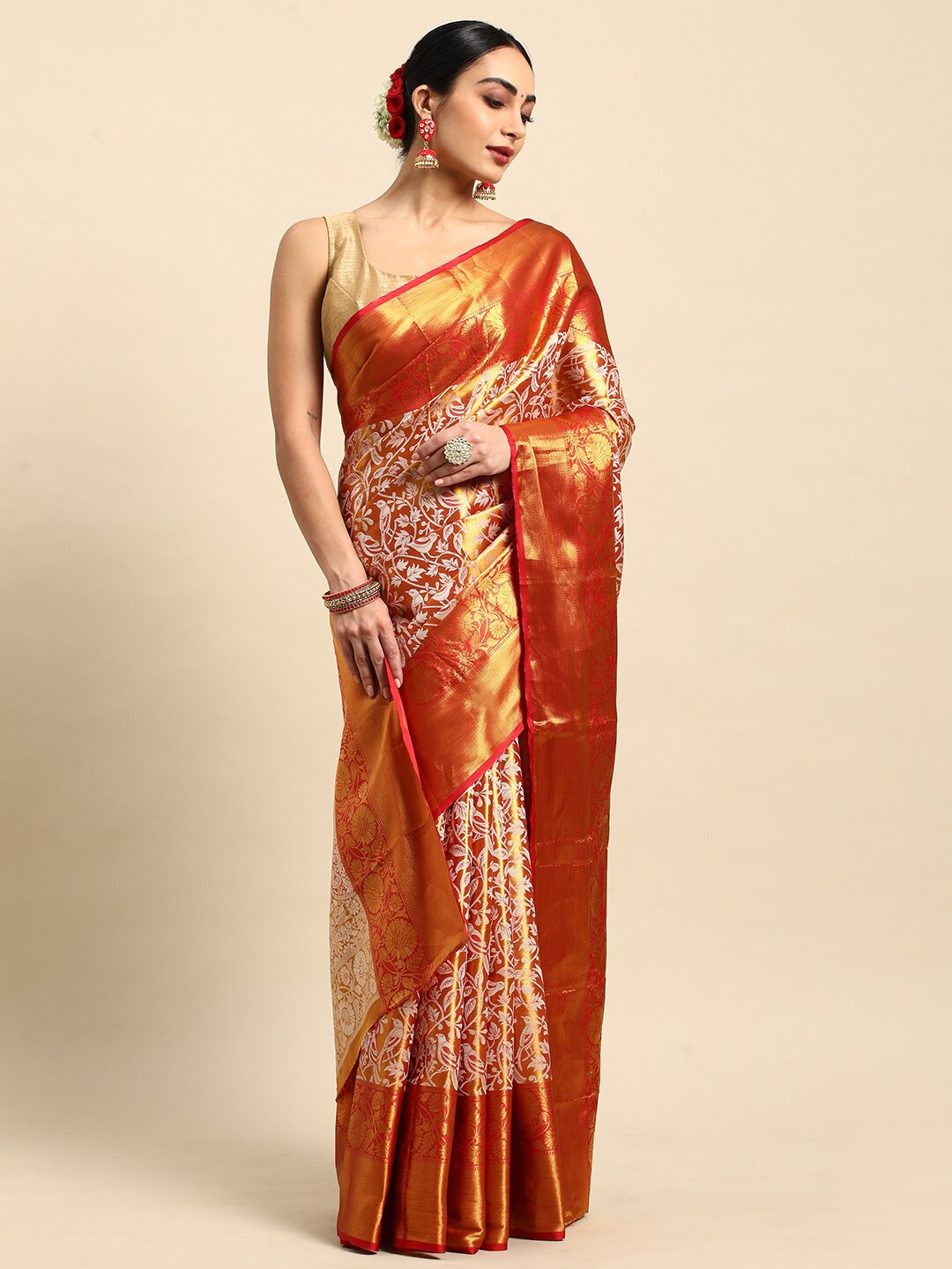 

DrapeMall Woven Design Zari Art Silk Kanjeevaram Saree, Red