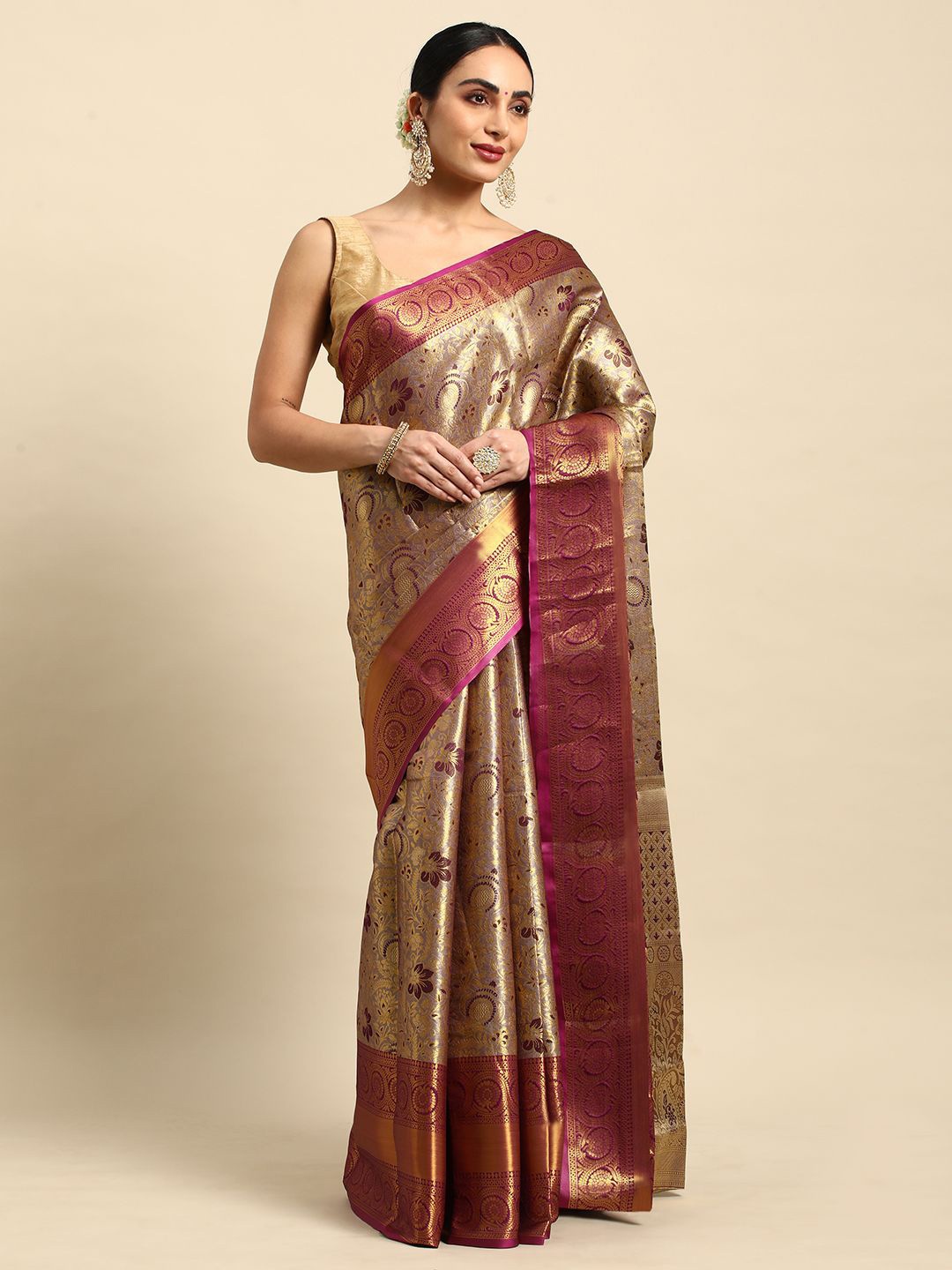 

DrapeMall Floral Zari Art Silk Kanjeevaram Saree, Magenta