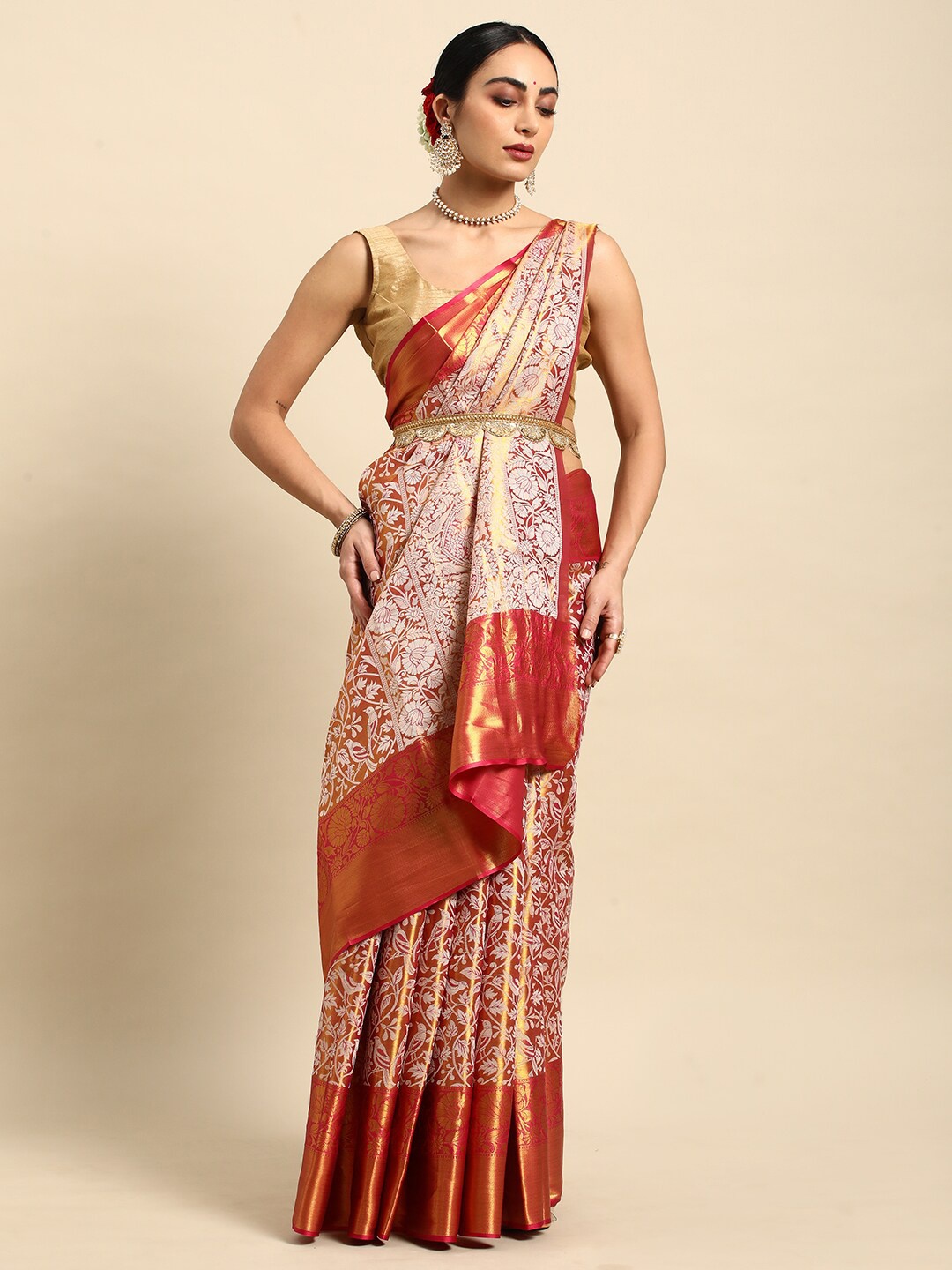 

DrapeMall Woven Design Zari Art Silk Kanjeevaram Saree, Red