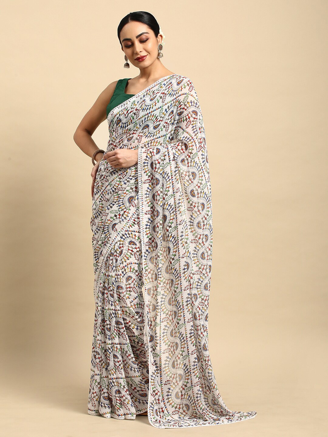 

DrapeMall Kalamkari Poly Chiffon Saree, White