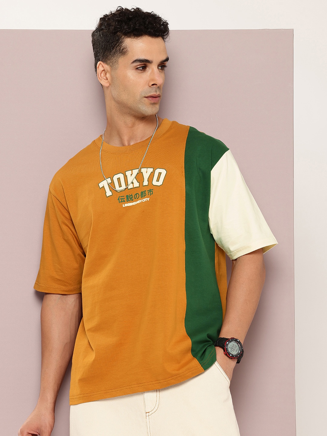 

DILLINGER Men Colourblocked Drop-Shoulder Sleeves Oversized Embossed Pure Cotton T-shirt, Multi