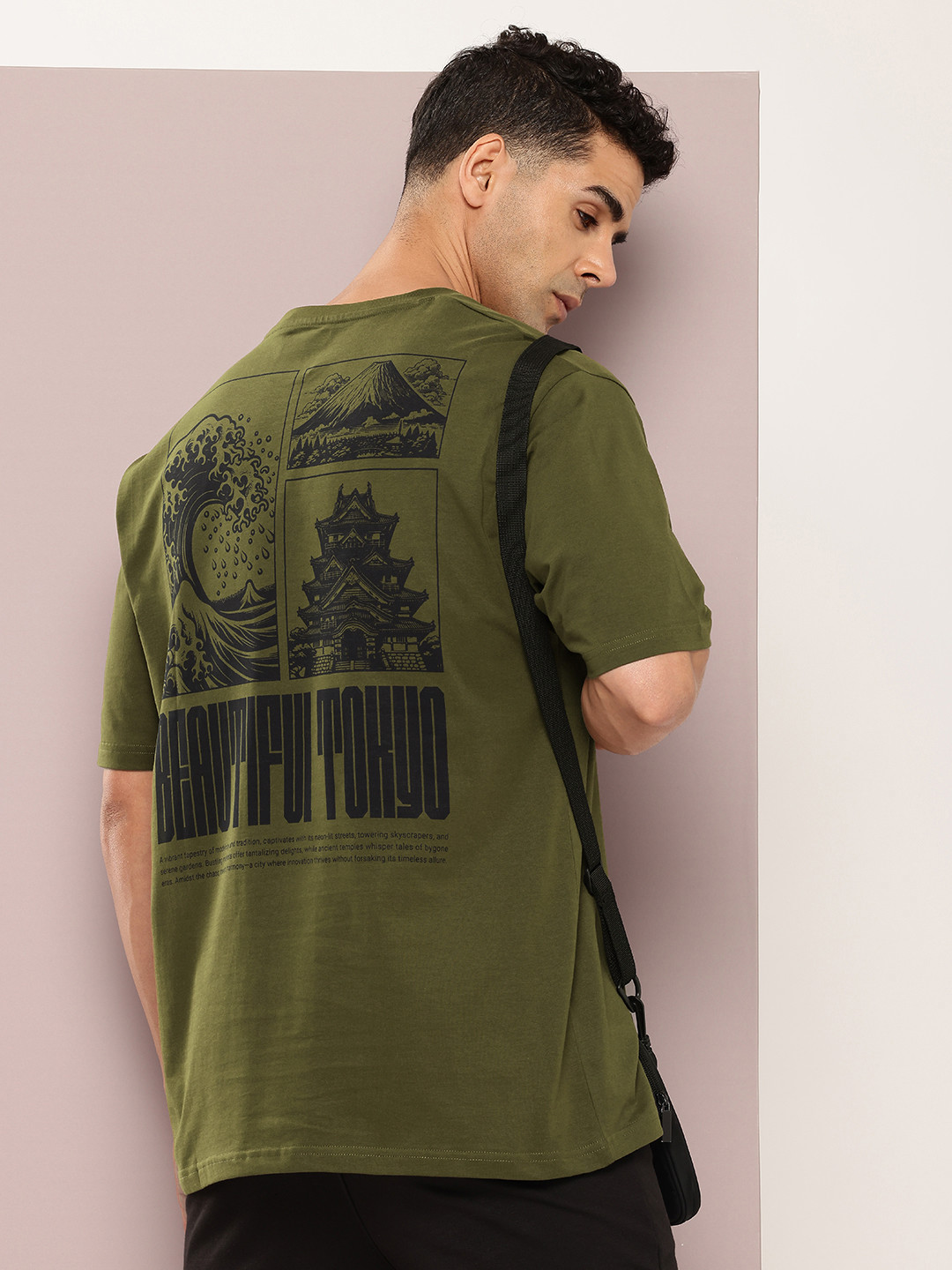 

DILLINGER Men Printed Drop-Shoulder Sleeves Oversized Pure Cotton T-shirt, Olive